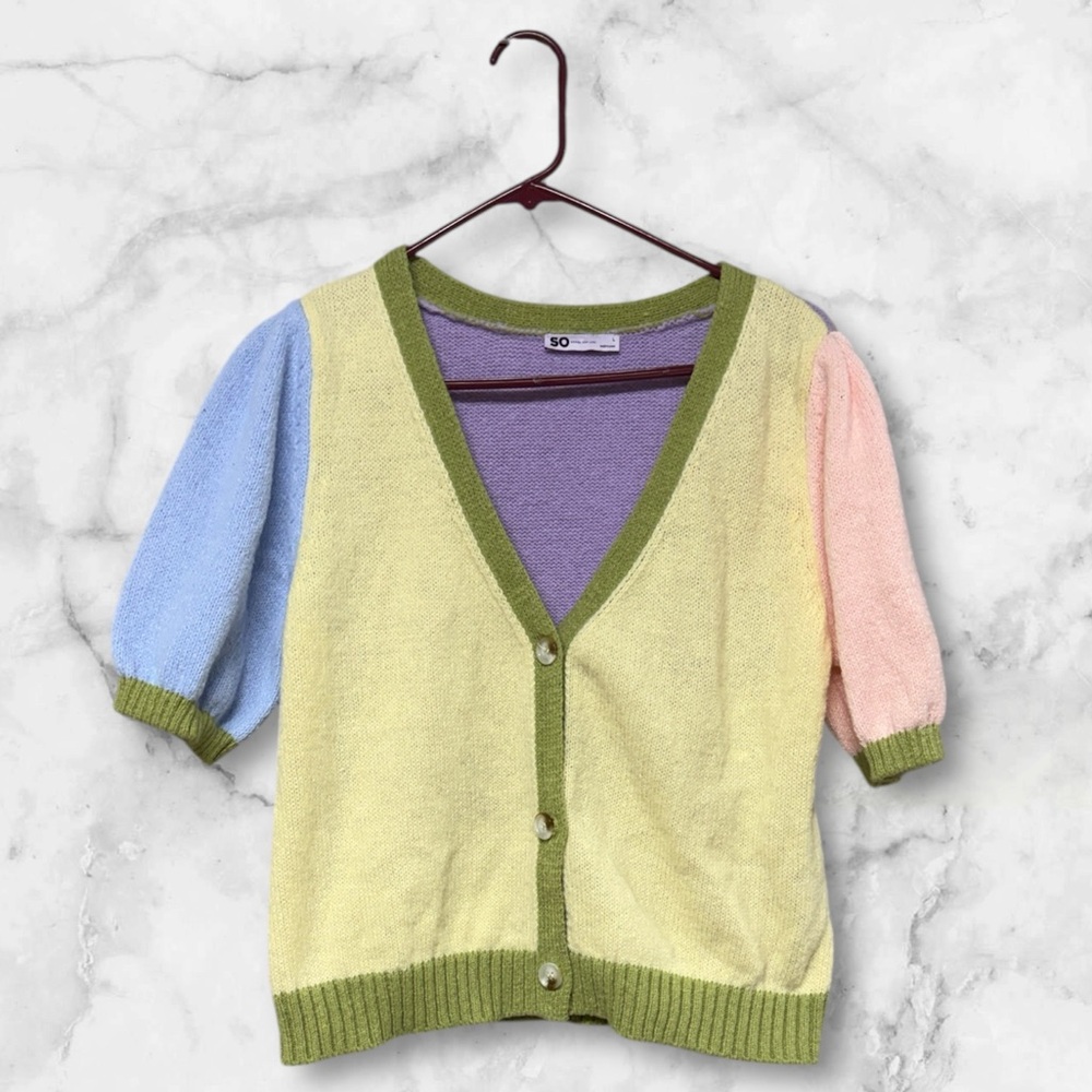 SO Button-Up Cardigan Short Sleeve Sweater Button Front pastel color block L